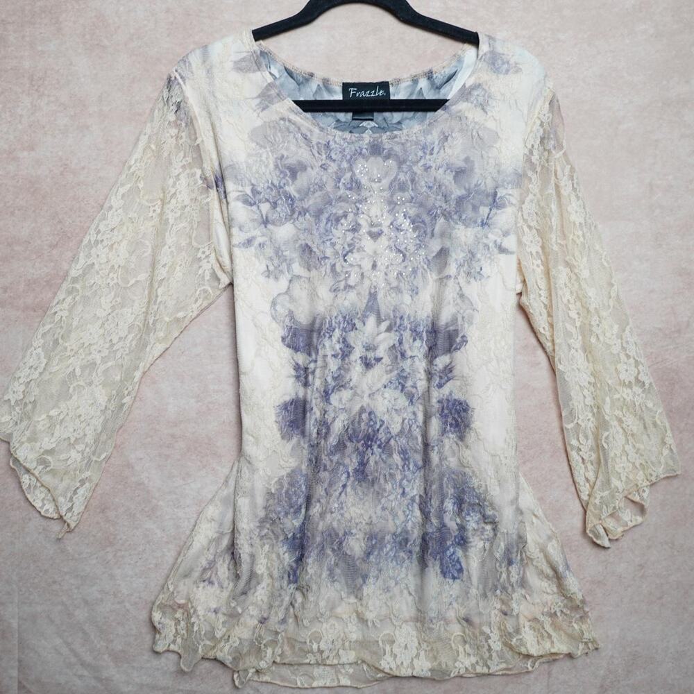 Frazzle Lace Floral Tunic Top XL Cottagecore 90s Y2K